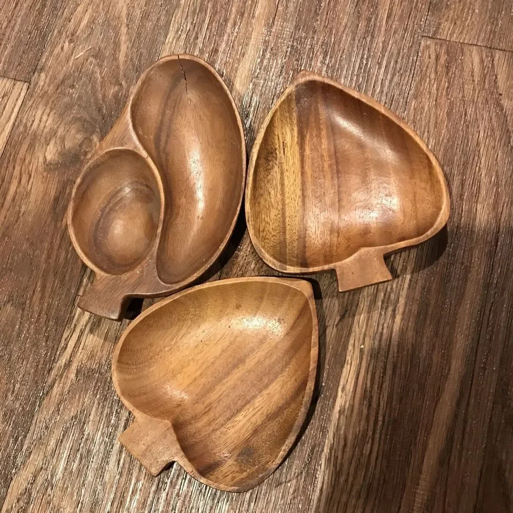 Vintage Genuine Monkey Pod‎ Wooden Spade Leaf Shaped Serving Dish Bowl Set Of 3